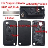 For Peu 407 blade 3 button flip remote key blank with trunk button ( HU83 Blade - Trunk - With battery place) (No Logo)
