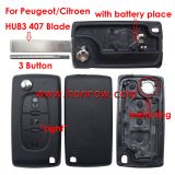 For Peu 407 blade 3 button flip remote key blank with light button ( HU83 Blade - Light - With battery place) (No Logo)