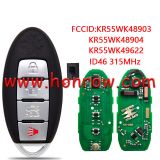 For Nissan 4 button Smart Remote Car Key with 315 Mhz FSK ID46-7952 Keyless-go FCCID:KR55WK48903 KR55WK49622