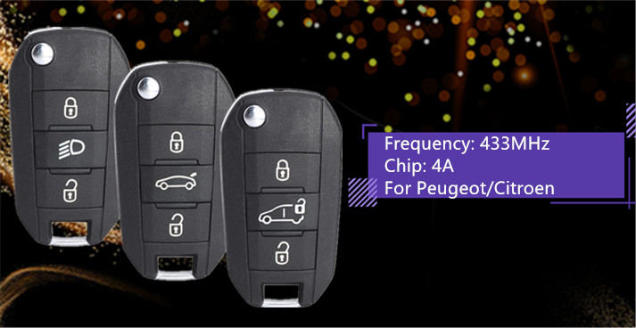 For Peugeot 3 Button Remote Key with 433MHz and HITAG AES 4A Chip