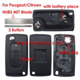 For Peu 407 blade 3 button flip remote key shell with trunk button ( HU83 Blade - Trunk - With battery place )