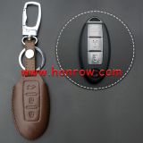 For Nissan 3 button key cowhide leather case Brown Color 